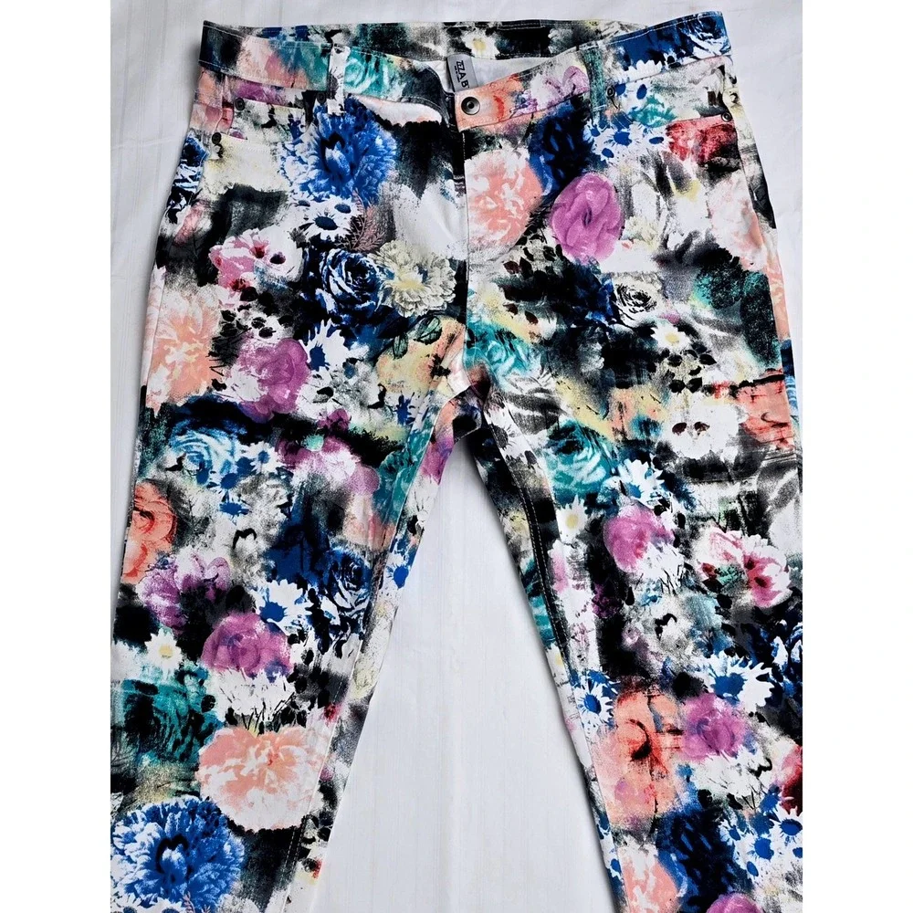 Zeza B Floral Womens Print Mid Rise Pants XL Multi Color Stretch‎ Cotton Blend